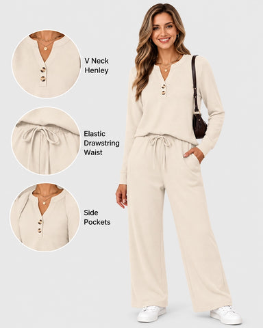 2-Piece Lounge Set - Long Sleeve Top & Wide Leg Pants