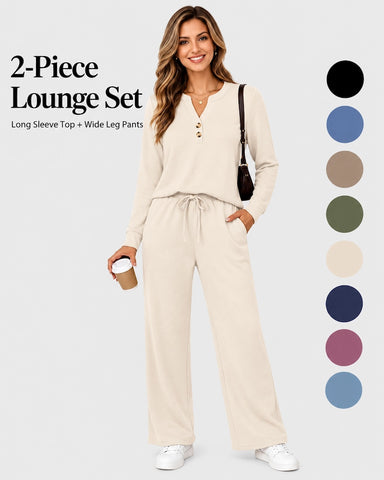 2-Piece Lounge Set - Long Sleeve Top & Wide Leg Pants