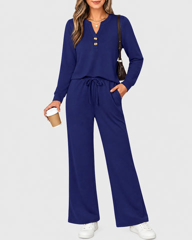 2-Piece Lounge Set - Long Sleeve Top & Wide Leg Pants