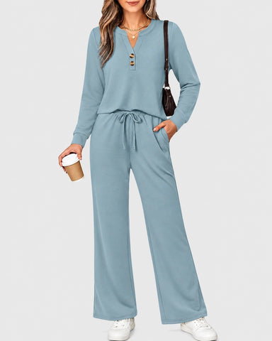 2-Piece Lounge Set - Long Sleeve Top & Wide Leg Pants