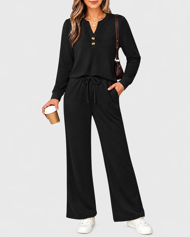 2-Piece Lounge Set - Long Sleeve Top & Wide Leg Pants