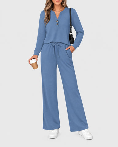 2-Piece Lounge Set - Long Sleeve Top & Wide Leg Pants