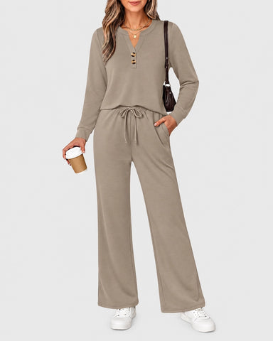 2-Piece Lounge Set - Long Sleeve Top & Wide Leg Pants