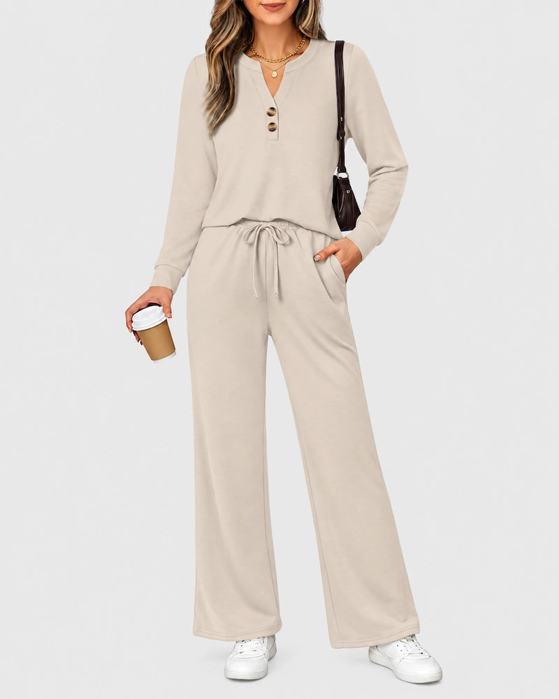 2-Piece Lounge Set - Long Sleeve Top & Wide Leg Pants