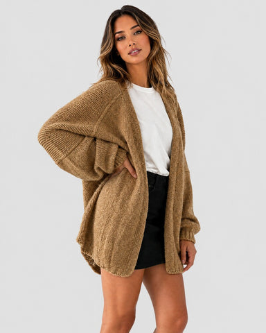 Oversized Lantern-Sleeve Open-Front Knit Cardigan