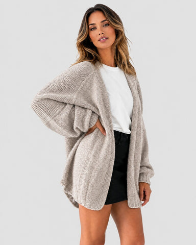 Oversized Lantern-Sleeve Open-Front Knit Cardigan