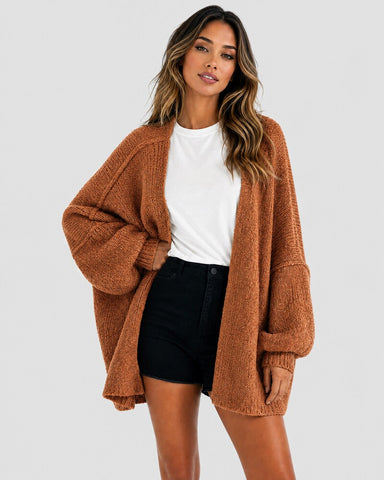 Oversized Lantern-Sleeve Open-Front Knit Cardigan