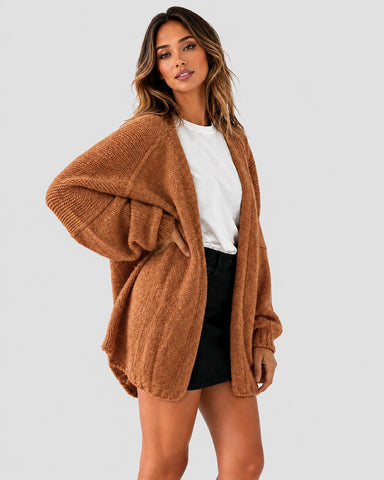 Oversized Lantern-Sleeve Open-Front Knit Cardigan