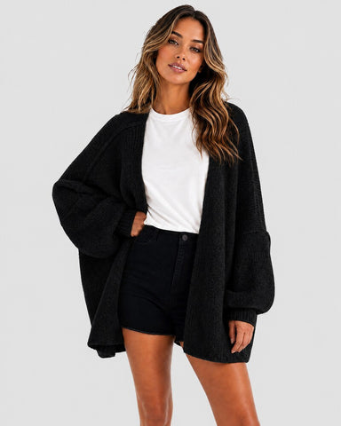 Oversized Lantern-Sleeve Open-Front Knit Cardigan