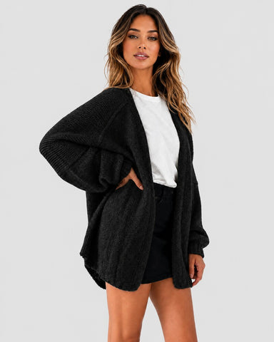 Oversized Lantern-Sleeve Open-Front Knit Cardigan