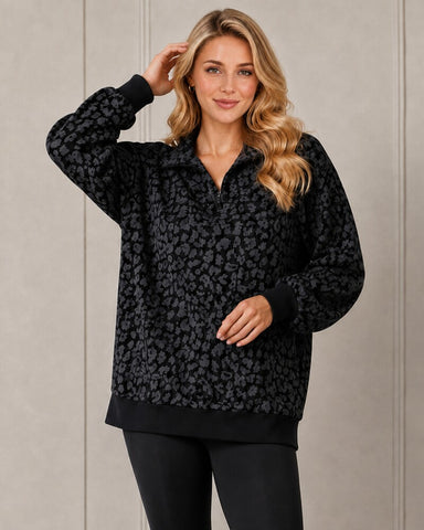 Leopard-Print Half-Zip Oversized Pullover
