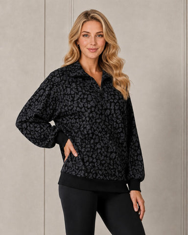 Leopard-Print Half-Zip Oversized Pullover