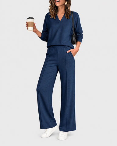 2-Piece Lounge Set V-Neck Long-Sleeve Pullover Sweatshirt High-Waisted Wide-Leg Pintuck Sweatpants