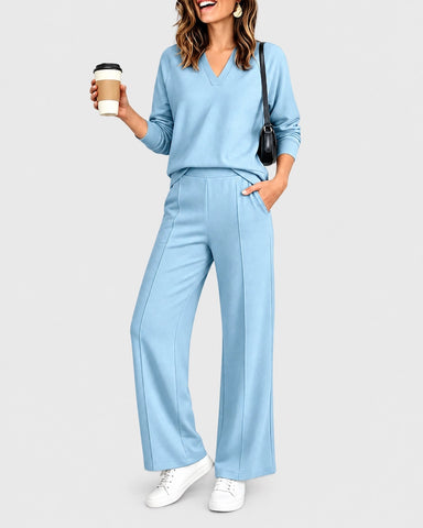 2-Piece Lounge Set V-Neck Long-Sleeve Pullover Sweatshirt High-Waisted Wide-Leg Pintuck Sweatpants