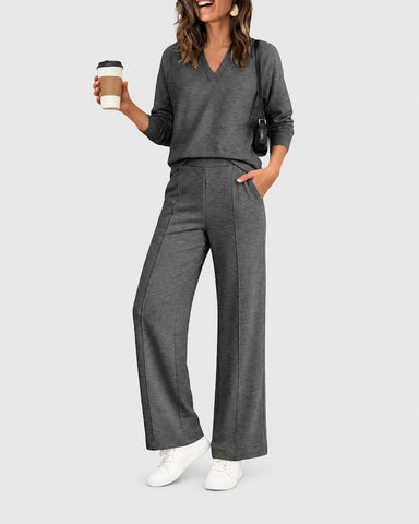 2-Piece Lounge Set V-Neck Long-Sleeve Pullover Sweatshirt High-Waisted Wide-Leg Pintuck Sweatpants