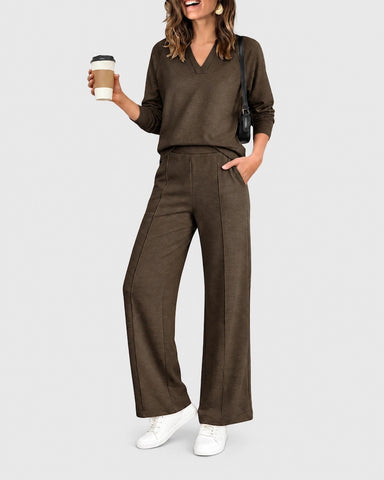 2-Piece Lounge Set V-Neck Long-Sleeve Pullover Sweatshirt High-Waisted Wide-Leg Pintuck Sweatpants