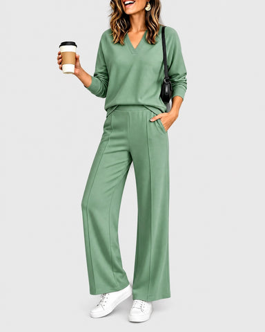 2-Piece Lounge Set V-Neck Long-Sleeve Pullover Sweatshirt High-Waisted Wide-Leg Pintuck Sweatpants