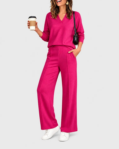 2-Piece Lounge Set V-Neck Long-Sleeve Pullover Sweatshirt High-Waisted Wide-Leg Pintuck Sweatpants
