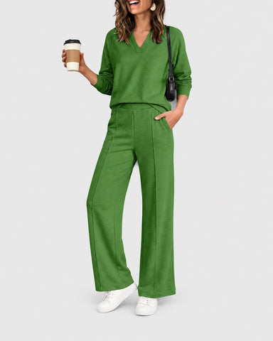 2-Piece Lounge Set V-Neck Long-Sleeve Pullover Sweatshirt High-Waisted Wide-Leg Pintuck Sweatpants