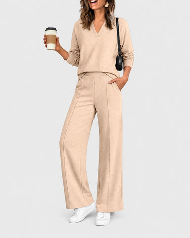 2-Piece Lounge Set V-Neck Long-Sleeve Pullover Sweatshirt High-Waisted Wide-Leg Pintuck Sweatpants
