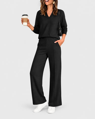 2-Piece Lounge Set V-Neck Long-Sleeve Pullover Sweatshirt High-Waisted Wide-Leg Pintuck Sweatpants