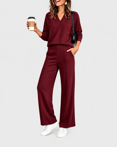 2-Piece Lounge Set V-Neck Long-Sleeve Pullover Sweatshirt High-Waisted Wide-Leg Pintuck Sweatpants