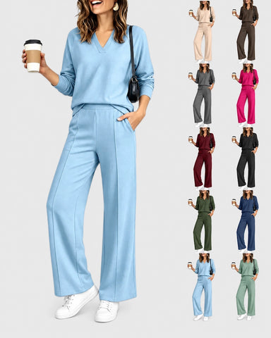 2-Piece Lounge Set V-Neck Long-Sleeve Pullover Sweatshirt High-Waisted Wide-Leg Pintuck Sweatpants