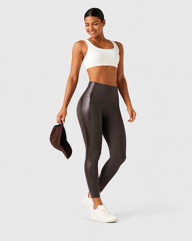 High Waisted Stretchy PU Tummy Control Yoga Leggings with Pocket